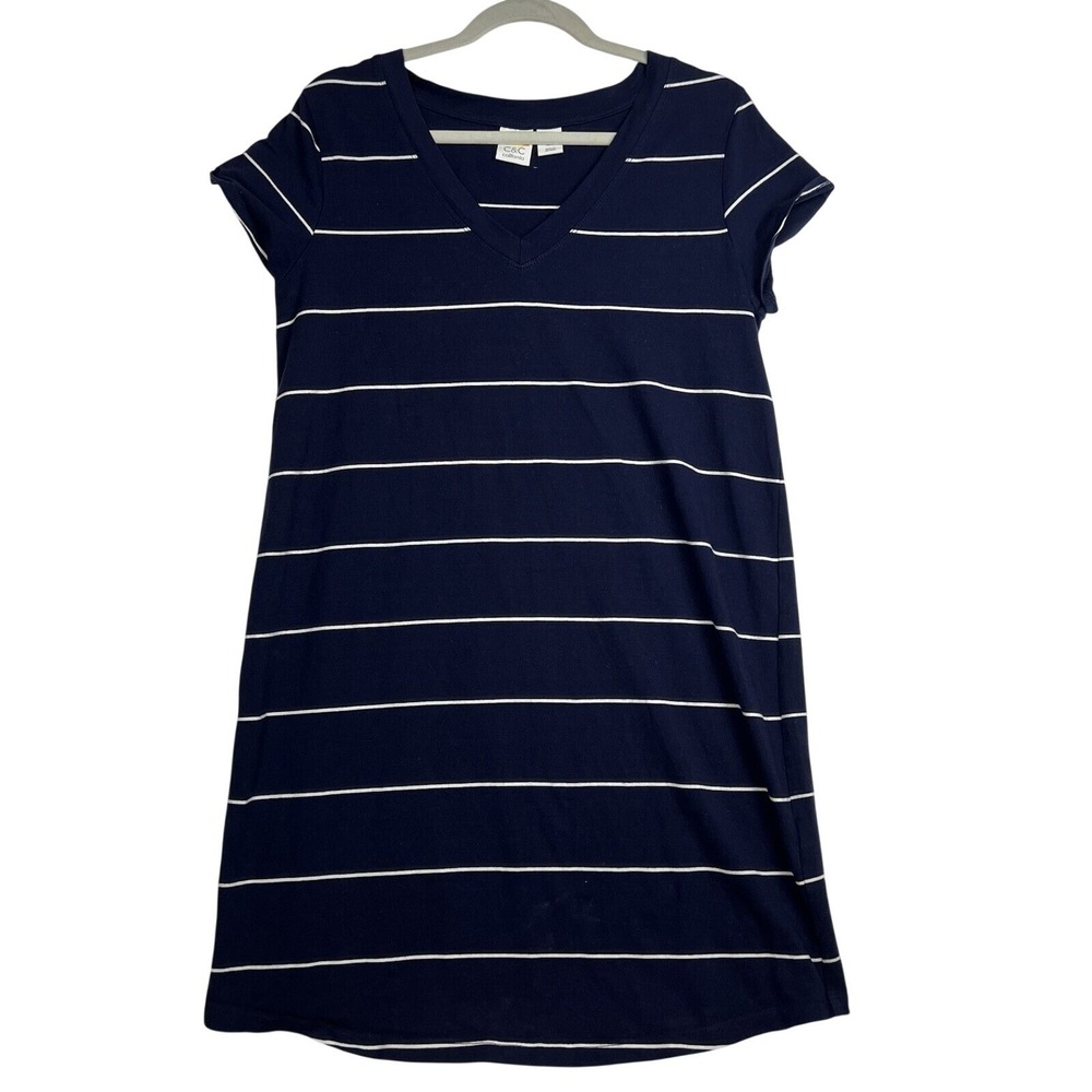 C&C California Womens Dress Navy Blue White Striped V-Neck T-Shirt  Medium M